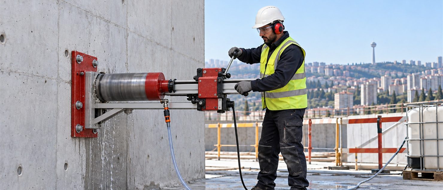 Temsili şantiyede beton duvara sabitlenmiş karot sehpası ve koruyucu ekipmanlı operatör