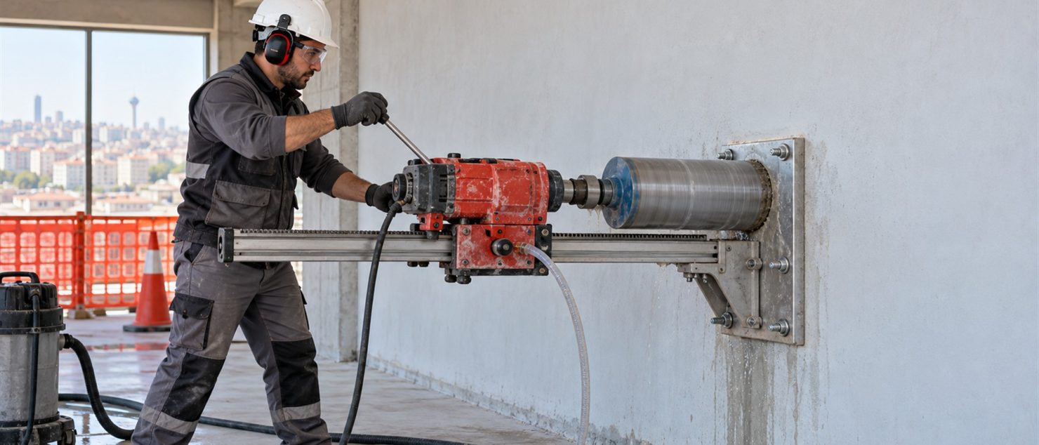 Temsili tadilat sahasında beton duvara sabitlenmiş karot sehpası ve koruyucu donanımlı operatör